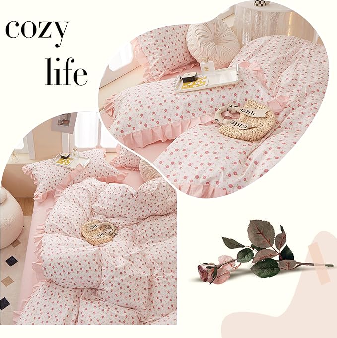 LifeTB Ruffle Duvet Cover Twin Cute Pink Red Flower Duvet Cover 100% Cotton Girls Floral Bedding Cover Reversible Pink Striped Ruffle Comforter Cover Romantic Princess Lace Bedding Set for Teen Girls
