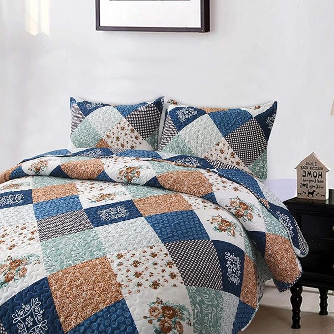 Dinjoy Reversible Patchwork Quilt Bedding Set Twin Size Blue Green Grey Plaid Floral Pattern Bedspread Set Soft Microfiber Coverlets Bed Set 3 Pieces Spring Summer Fall Use (68x86 inches)
