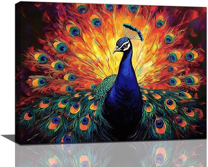 Peacock Wall Art, Elegance Peacock Pictures Wall Decor, Colorful Animal Canvas Prints Painting, Framed Artwork For Bathroom Living Room Office Bedroom Dining Room 20"X16"
