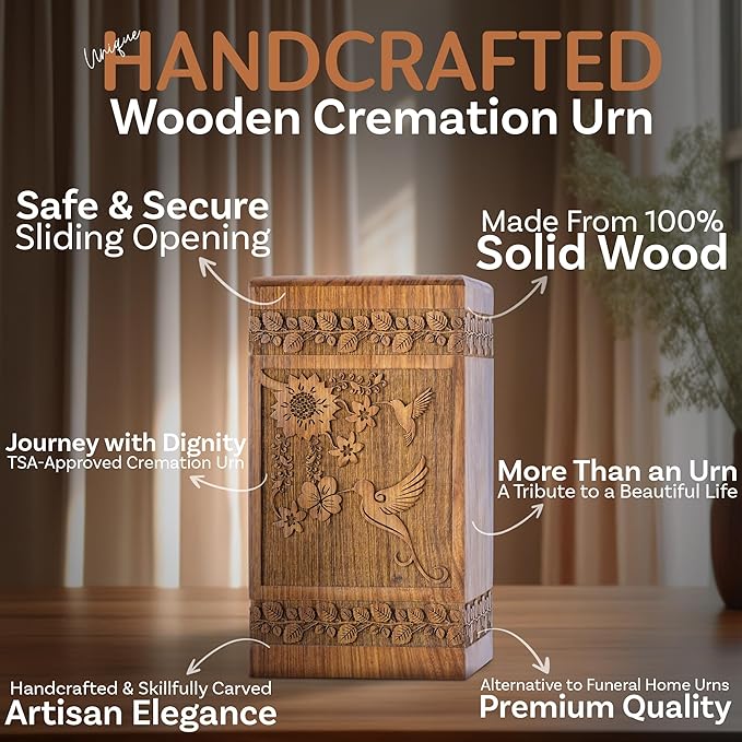 INTAJ Handcarved Rosewood Hummingbird Urn for Human Ashes Adult Male Female - Floral Carving 115 lbs Capacity - Wooden Cremation Urn Box Suitable for Burial Funeral Decorative Memorial Casket