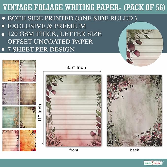 PARTH IMPEX 56 Sheets Vintage Lined Writing Paper 8.5x11 - Letter Size Ruled Stationery Rustic Old Looking Letterhead Printer Paper - 120gsm Thick Decorative Colored Antique Aged Foliage Design