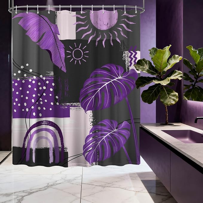 Purple and Gray Mid Century Modern Shower Curtain Bohemian Abstract Dark Purple and Grey Shower Curtains for Bathroom Decor Sets, Waterproof Cloth Fabric with Hooks, 72x84 Inch