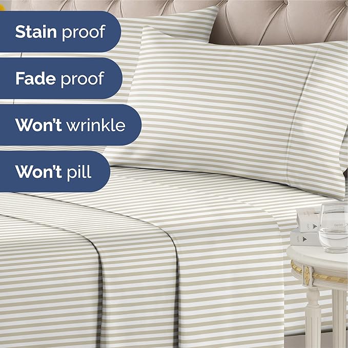 Striped Sheets - Grey Striped Sheets - 1 Flat & 1 Fitted & 2 Pillowcases w/ Deep Pockets – Comfy, Wrinkle & Fade Free - Ultra-Soft, Breathable & Cooling – Luxury Pinstripe Bedding - Queen Size Bed Set