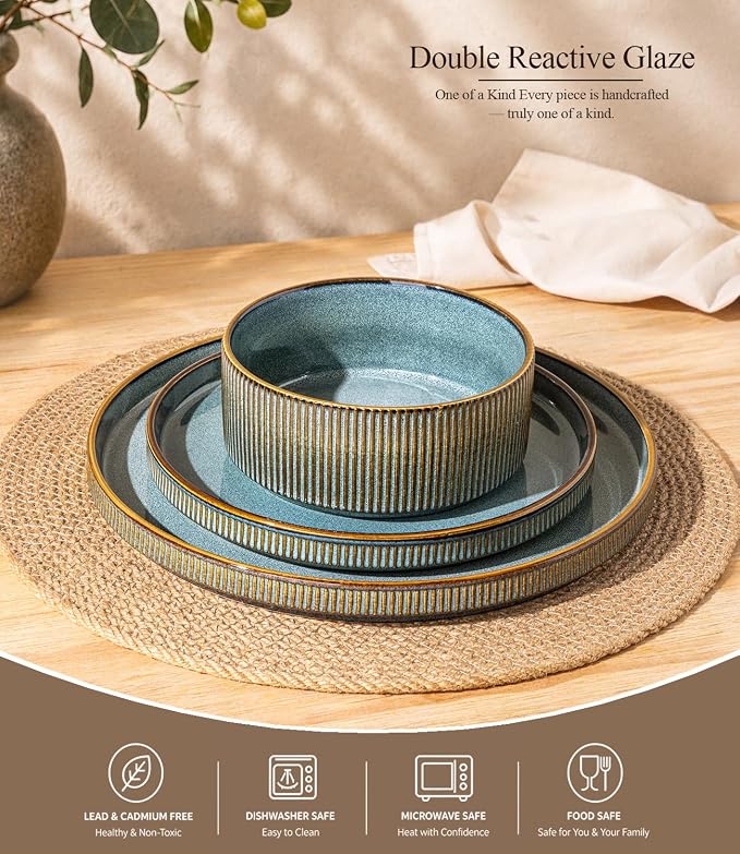 GBHOME 18-Piece Stoneware Dinnerware Set for 6 – Ribbed Ceramic Plates and Bowls, Scratch-Resistant, Microwave & Dishwasher Safe, Reactive Glaze-Space Blue