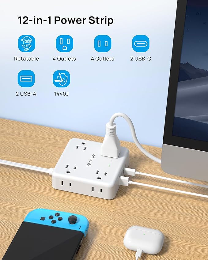 TROND 360° Rotating Plug Power Strip, 3FT Flat Extension Cord with Multiple Outlets 4 USB (2 USB C), Wall Mount Surge Protector 1440 Joules for Home Office Travel Dorm Room Essentials, White