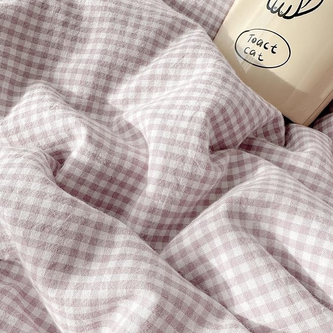 LifeTB Purple Gingham Duvet Cover Twin Cozy Washed Microfiber Purple Checkered Plaid Duvet Cover with 2 Pillowcases Romantic White Lace Comforter Cover 3 Pieces Gingham Grid Bedding Set