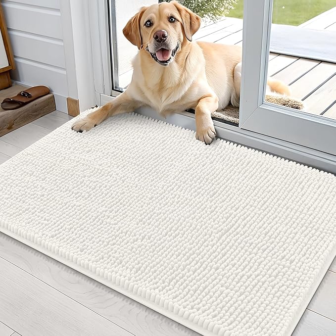 OLANLY Dog Door Mat for Muddy Paws 36x24, Absorbs Moisture and Dirt, Absorbent Non-Slip Washable Doormat, Quick Dry Chenille Mud Mat for Dogs, Entry Indoor Entryway Carpet for Inside Floor, Ivory