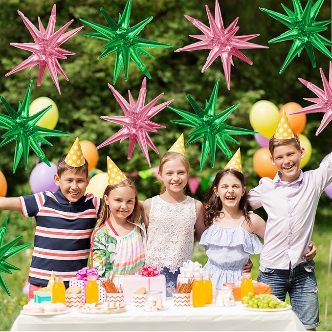Pink Green Star Balloons,9Pcs 22Inch Pink Green Explosion Spike Cone Helium Polyester Film Star Foil Balloons for Witch Birthday Anniversary Disco Party Decorations