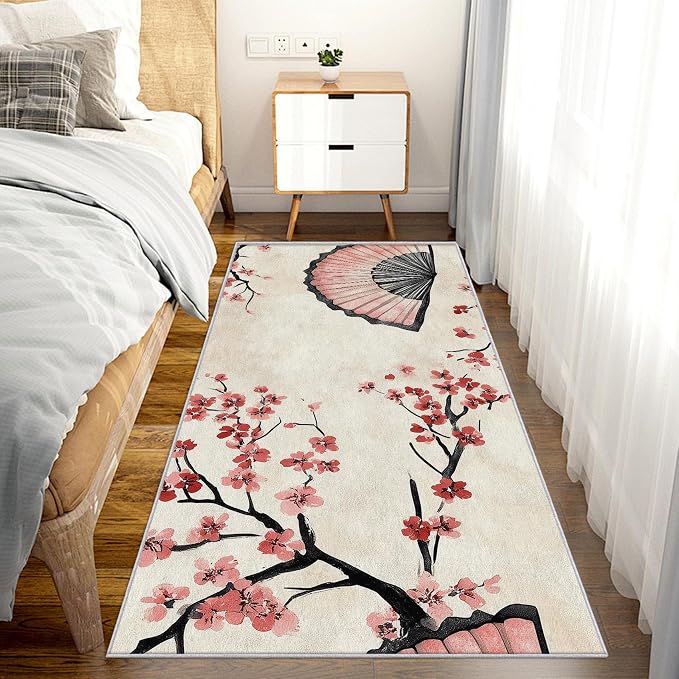 Japanese Cherry Blossom Runner Rug 4x9, Oriental Fan Design, Asian Area Rug, Washable Non-Slip Floor Carpet Runner for Bedroom, Dining Room, Living Room Aisle