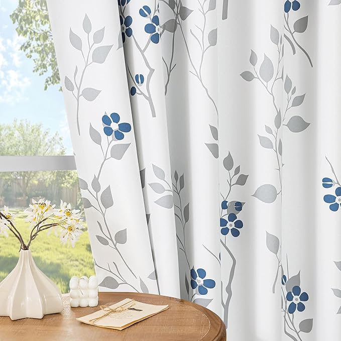 Beauoop Floral 100% Blackout Curtains 54 Inch Length 2 Panels for Bedroom Living Room Blue Grey and White Flower Patterned Room Darkening Thermal Soundproof Grommet Window Treatments Drapes, 52X54