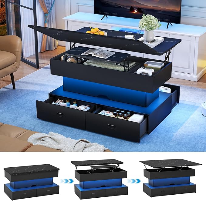 Turosur 40" Lift Top Coffee Table, LED Coffee Tables with Storage and 4 Drawers, Coffee Table with Lifting top for Living Room Home Office, Black
