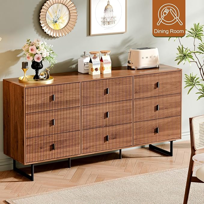 Chrangmay Modern Chest of Drawers with 9 Drawers,Deep Drawers,Clothes Organizer,Large Storage Cabinet for Living Room, Bedroom,Hallway,with Anti-Tipping Device, Walnut.