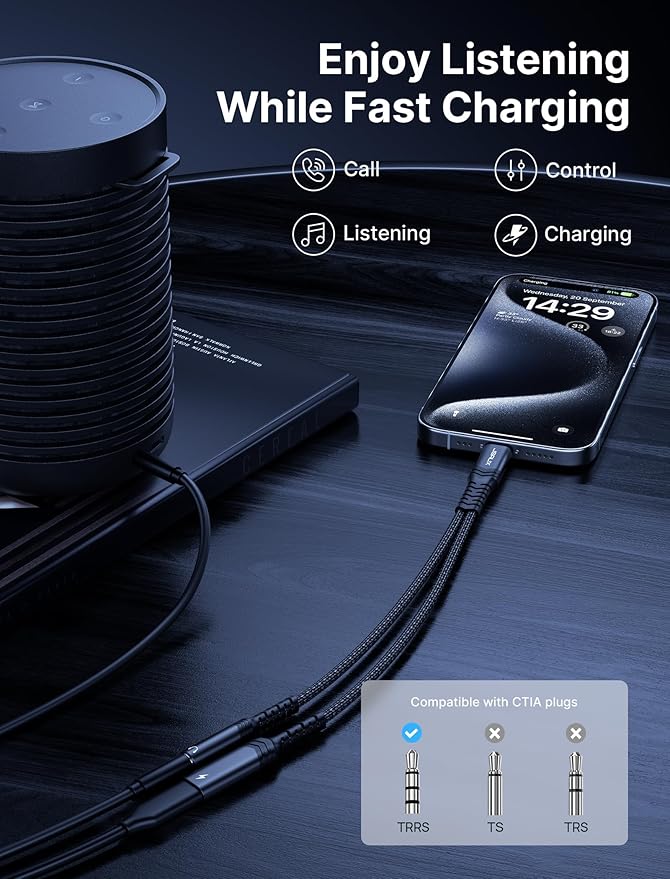 JSAUX USB C to 3.5mm Headphone and Charger Adapter,2-in-1 USB C to Aux Audio Adapter with PD 60W Fast Charging Compatible with iPhone 15 pro max/15 pro/15 Plus /15-Black