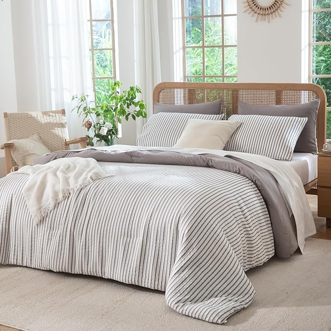 Duvet Cover King Set Striped Washed Microfiber Jacquard 3 Pieces Bedding Set, Grayish Purple Vertical Ticking Stripes Pattern Comforter Cover with Zipper Closure Breathable Durable Soft Comfy