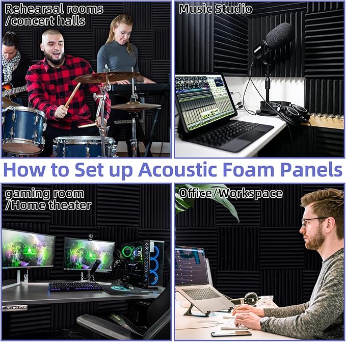 12 Pack Sound Proof Foam Panels Studio Acoustic Foam Panels,1" X 12" X 12"Soundproof Wall Panels with Self-Adhesive,Fire-Proofed Soundproofing Wedges,Acoustic Treatment Foam for Home-Black