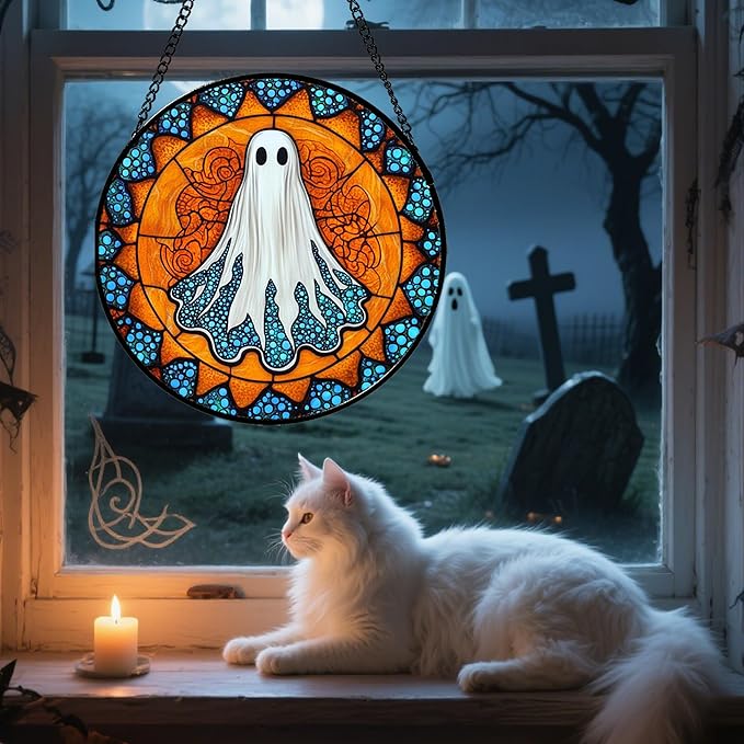 Stained Glass Window Hanging - Halloween Decorations White Ghost Suncatcher for Doors Garden Indoor Spooky Funny Blue Sun Catchers Gothic Decor Horror Gifts for Women Men Friend 9.8 in