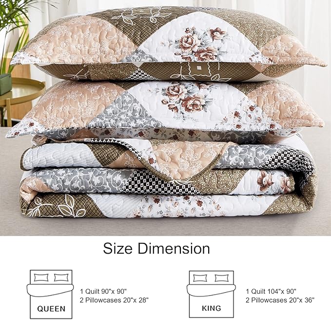Dinjoy Floral Plaid Patchwork Quilt Set King Size, Reversible Brown Bedding Set Soft Microfiber Lightweight Bedspread Coverlet 3 Piece Fall Autumn Summer Use (104x90 inches)