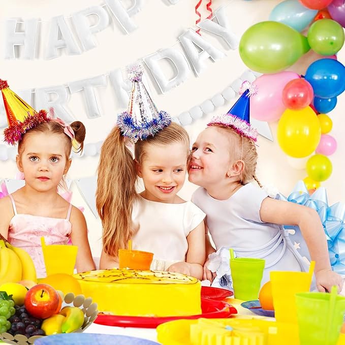 CANREVEL Pre-Strung 3D Happy Birthday Banner, 3 PCS White Happy Felt Garland, Pom Pom Garland, Triangle Fabric Bunting, Reusable White Birthday Decorations