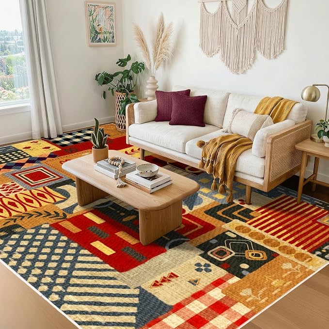 8x10 Abstract Tribal Patchwork Large Area Rug, Colorful Boho Tribal Geometric Rugs for Living Room, Non Slip Low Pile Washable Indoor Carpet Rug for Bedroom, Entryway, Dining Room, Home Office Decor