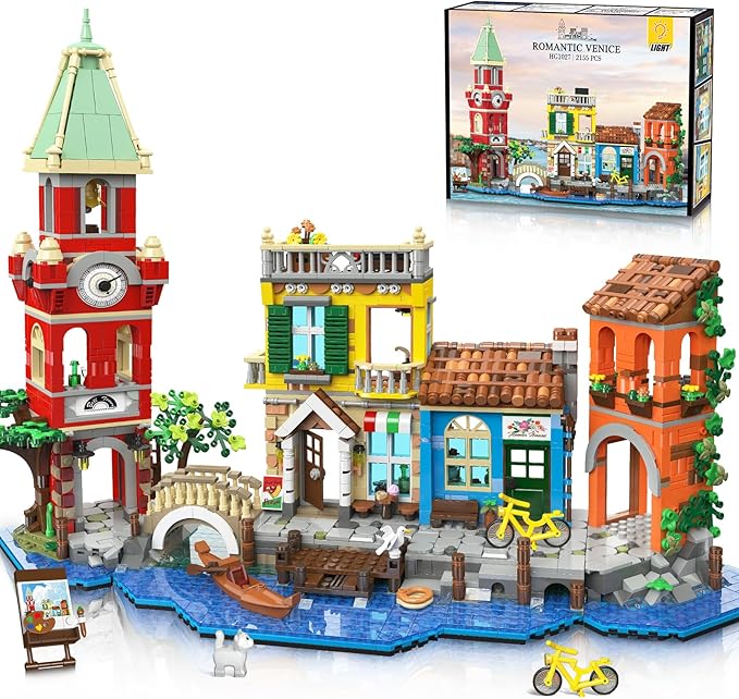 Venice Main Street Building Set for Adults, 2155 PCS City House Building Block Kit with Light Flower Shop Pizzeria, Christmas Home Decor Architecture Model Gift for Women Men Teen Girl 10+