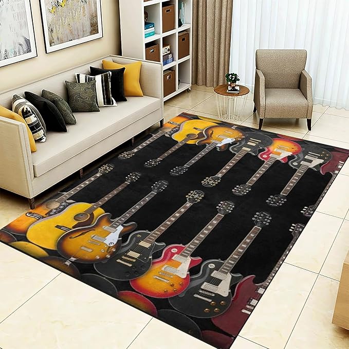 Vintage Guitar Black Area Rug, Guitar Music Lover Non Slip Living Room Rugs, Breathable Durable Carpet for Indoor Bedroom Conference Room Office Decor Rug - 4 ft x 5 ft