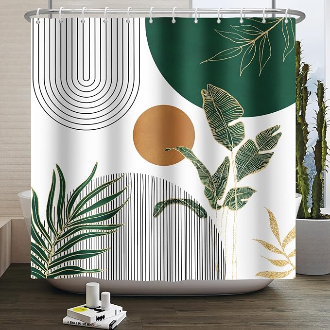 Mid Century Boho Modern Shower Curtain for Bathroom Abstract Sun Arch Geometric Leaves Minimalist Shower Curtain Set Waterproof Polyester Fabric 69x70 Inches
