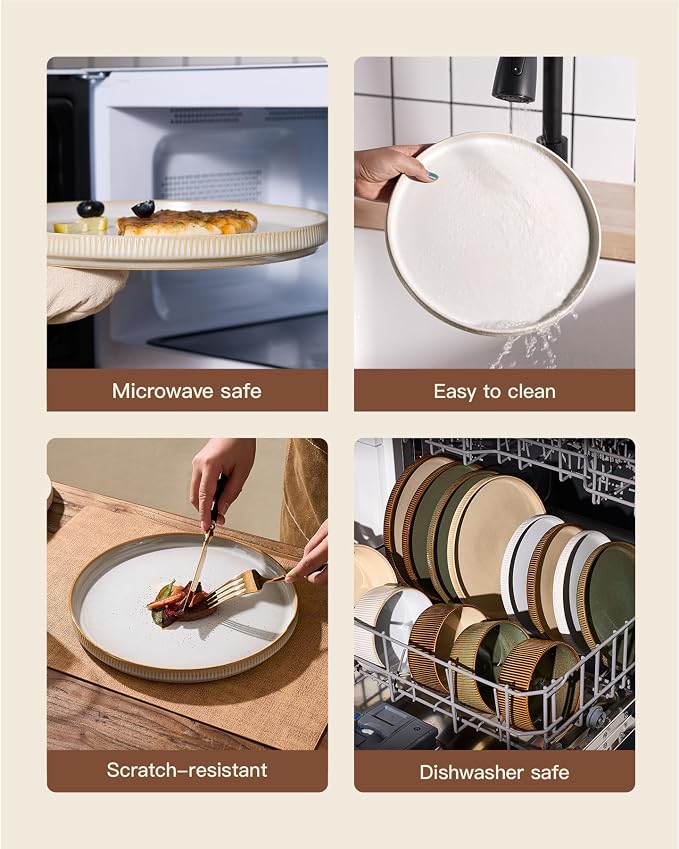 24-Piece Dinnerware Set for 8, Famiware Premium Stoneware Dish Set with Ribbed Plates and Deep Bowls, Double Reactive Glaze, Chip & Scratch Resistant, Microwave & Dishwasher Safe, Cappuccino White