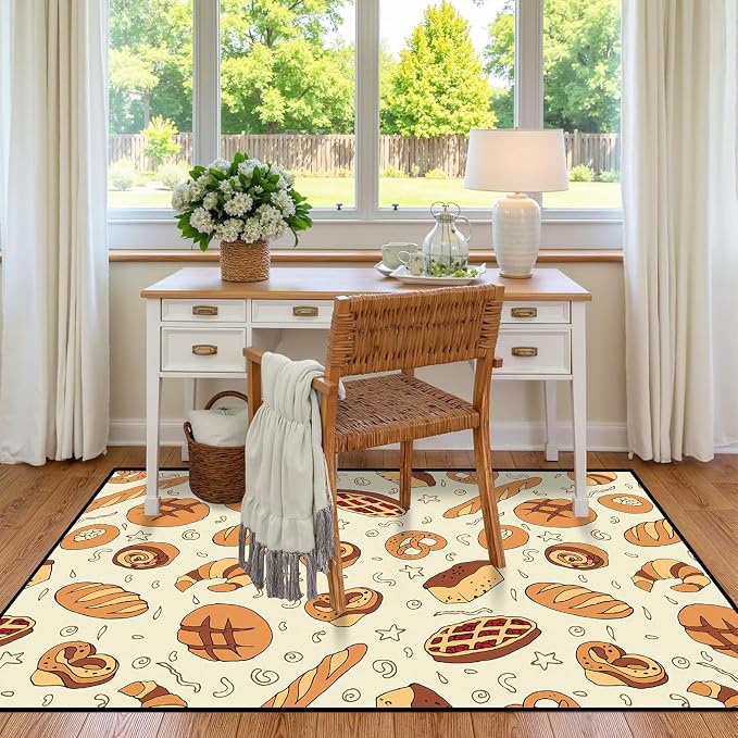Cute Bread Area Rug 3D Cattoon Carpt Waffle Croissant and Muffin Rugs for Entryway Bedroom Living Room Kitchen Home Decor Washable Non Slip Floor Mat,2'x3'