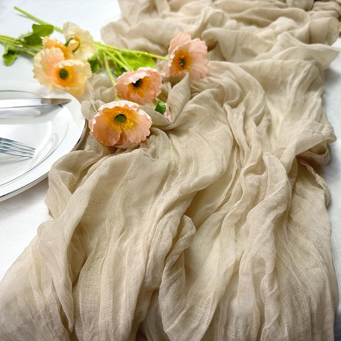 Booque Valley 6 Pack Beige Cheesecloth Table Runner 10ft Super Soft Boho Wrinkled Gauze Sheer Cloth for Baby Shower Baptism Birthday Party Wedding Centerpiece Table Decoration, 35x120 Inch