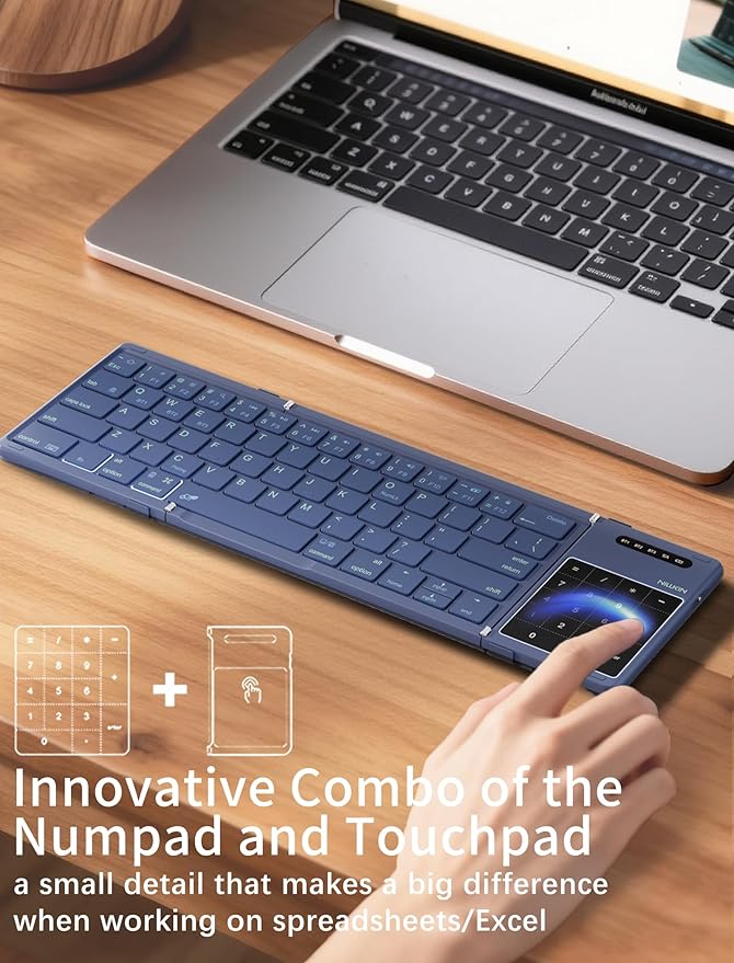 Nillkin Upgraded Foldable Bluetooth Keyboard with Touchpad & Number Pad, Portable Wireless Keyboard for Travel, Pocket-Sized, Full Size Keys, Support 3 Devices for iPad Laptop Tablets Phone, Blue