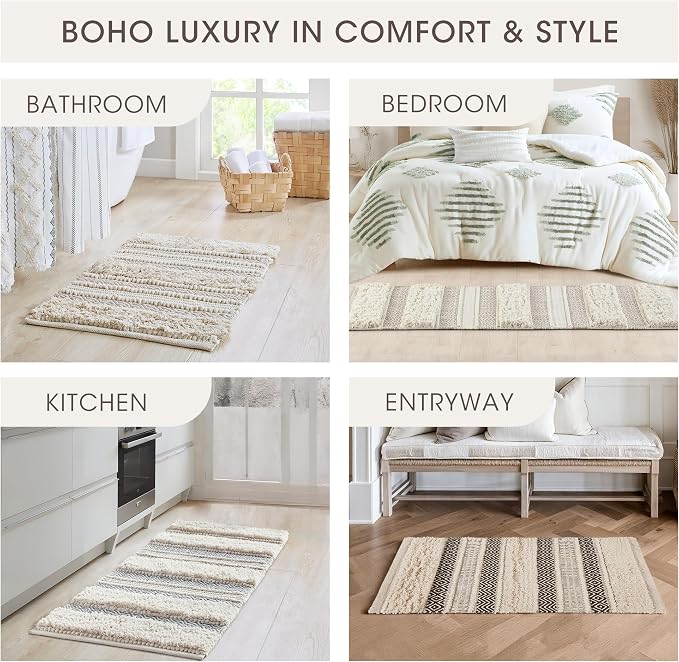 INK+IVY Bath Rug Hand-Woven Texture Shaggy Striped Soft & Water Absorbent, Boho Bathroom Décor Bath-Mats, Non-Slip Absorbent Quick Dry Mats for Tub, Shower Room, Asher, 22x58, Black 1 Piece