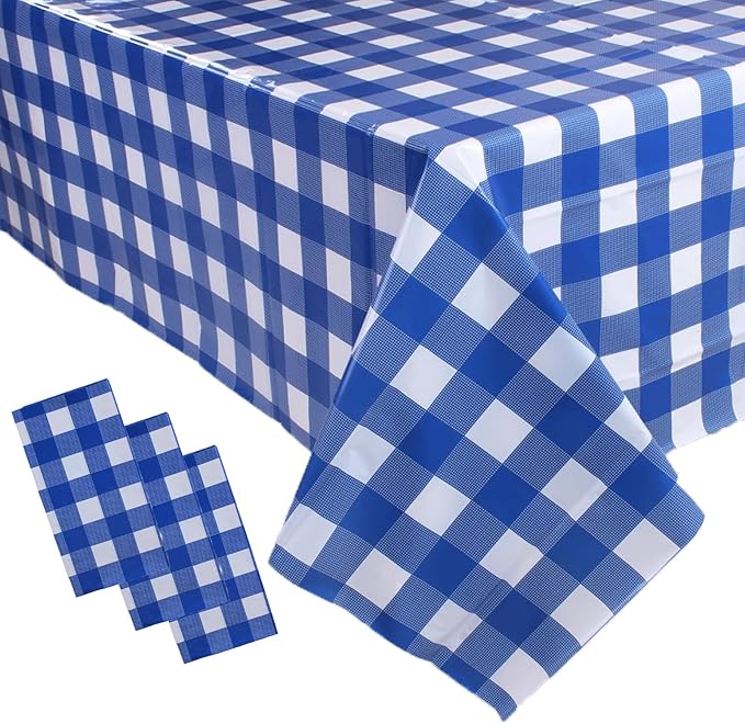 3 Packs Blue and White Checkered Tablecloth 54x108 Inches Rectangle Gingham Tablecloth Disposable Plastic Waterproof Table Cover for Outdoor Picnic Kitchen and Birthday Party