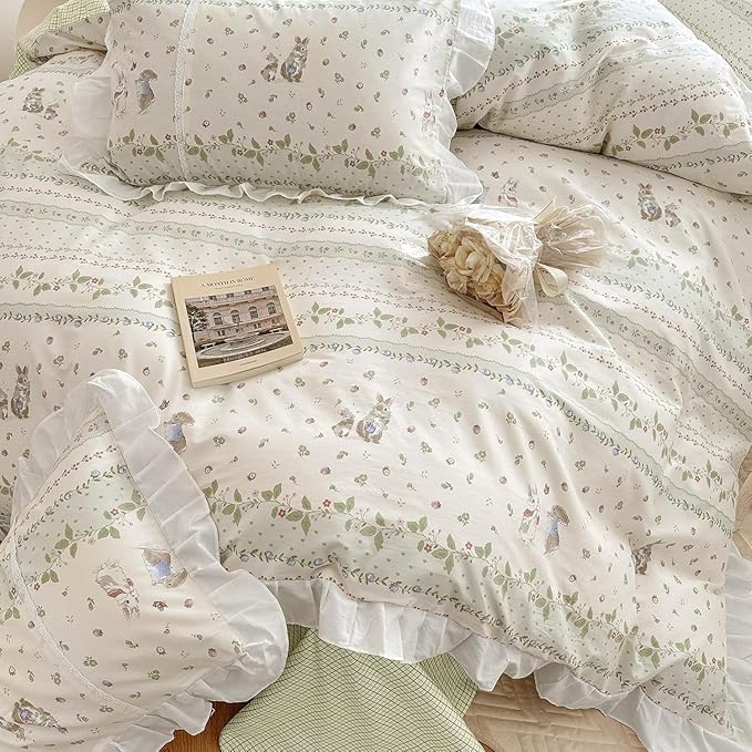 Twin XL Comforter Set Cute Flower Green Leaves Pattern Comforter White Ruffle Bedding Comforter with 2 Pillowcases Reversible Green Plaid Comforter Botanical Flower Cute Rabbit Comforter Set