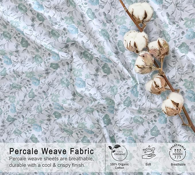 RUVANTI 100% Organic Cotton Sheets Full Size, Percale Weave, GOTS Certified, 4-Piece Set, Deep Pocket 15", Crisp & Breathable, Soft Durable Bedding, Sábanas Algodón Orgánico – Cold Chrysanthemum