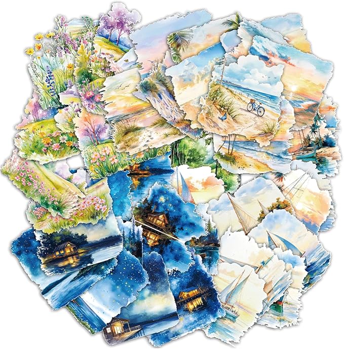 120PCS Large PET Nature Scenery Stickers for Journaling, 2.76 x 2.76 inches, 6 Assorted Landscape Scrapbook Stickers for Scrapbooking, Craft Art, Bujo, Junk Journal Supplies, Collage Decorative