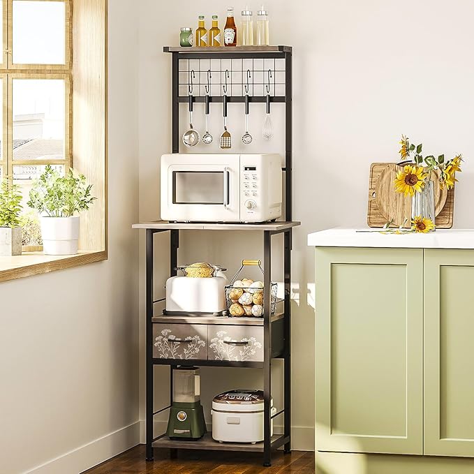 GiftGo Small Coffee Bar Station Narrow Corner Baker Rack Stand with 2 Storage Fabric Drawers 5 S Hooks for Small Spaces Farmhouse Bakers Rack for Kitchen, Entryway, Living Room (Grey, Narrow)