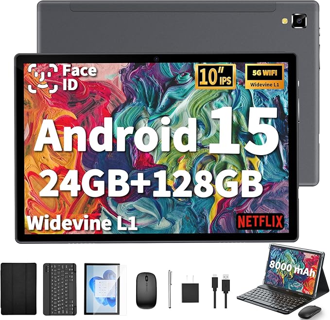 2026 Android Tablet with Keyboard, 24GB+128GB+2TB Expand, 10 inch Android 15 Tablet with Gemini AI, 8000mAh, BT 5.0, GMS Certified, 5G/2.4G WiFi, Tablets Pc with Mouse, Case, Stylus-Black Case