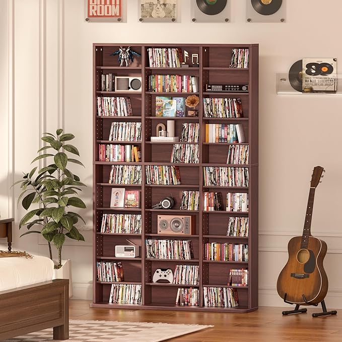 LELELINKY 11 Tier Tall Display Cabinet, Walnut Media Storage Cabinet with Adjustable Shelves, Free Standing DVD Organizer Shelf, Floor multimedia storage manga bookshelf for Living Room & Home Office.
