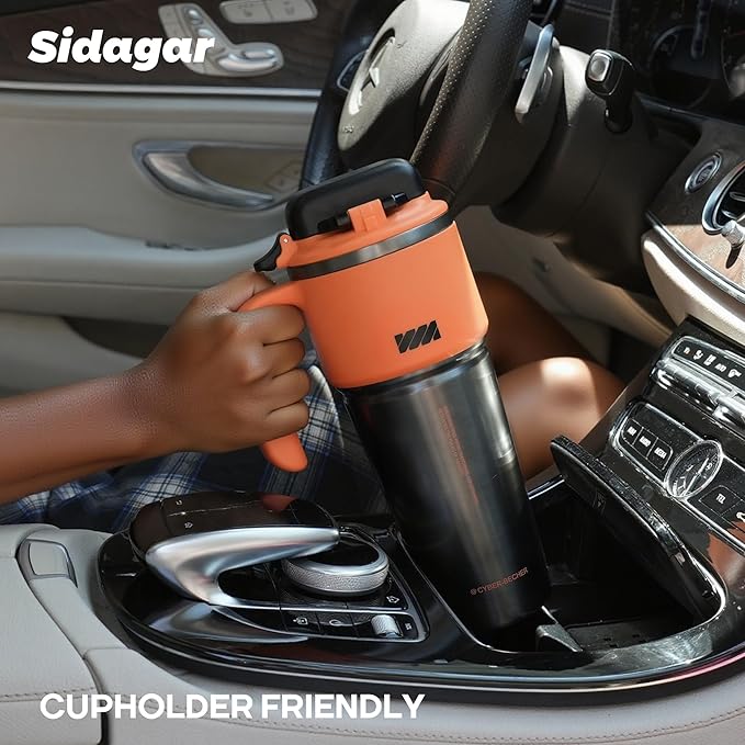 32 oz Stainless Steel Insulated Water Bottle with Handle, Sports Tumbler with Lid and Straw, Push-button Leak-proof Travel Cup, Fits in Car Cup Holder - Dynamic Orange