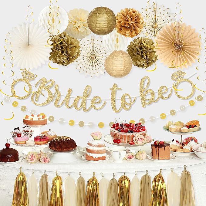 Roetyce Bachelorette Party Decorations, Gold Glitter Bride to Be Banner Paper Fans Pompoms Kit, Women Bridal Shower Party Supplies, Wedding Paper Lanterns Streamers Garland Photo Backdrop Background