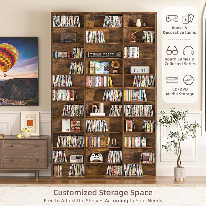 LELELINKY 11 Tier Tall Display Cabinet, Brown Media Storage Cabinet with Adjustable Shelves, Free Standing DVD Organizer Shelf, Floor Multimedia Storage Manga Bookshelf for Living Room & Home Office.