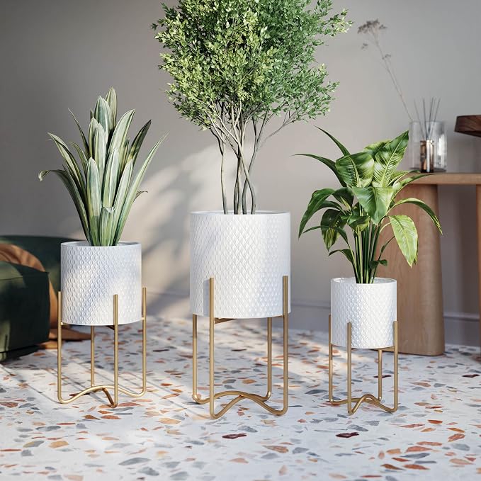 EverNest Claire Mid-Century Modern White Plant Pot with Ambrose Stand, SelectBase, Indoor Plant Pot, Bohemian Style, Minimalist Plant Home Décor (Small, Gold)