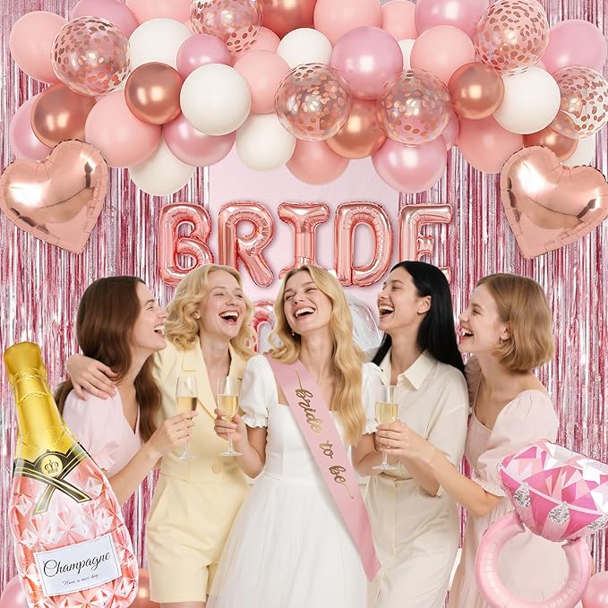Ouddy Life Rose Gold Bachelorette Party Decorations, Bride to Be Bridal Shower Decoration with Crown Champagnes Diamond Ring Heart Foil Balloons, Veil Sash, Fringe Curtains Engagement Wedding Supply