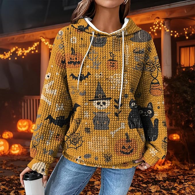 Halloween Sweatshirts for Women Novelty Graphic Drawstring Waffle Hoodies Loose Casual Pullover Tops with Pocket