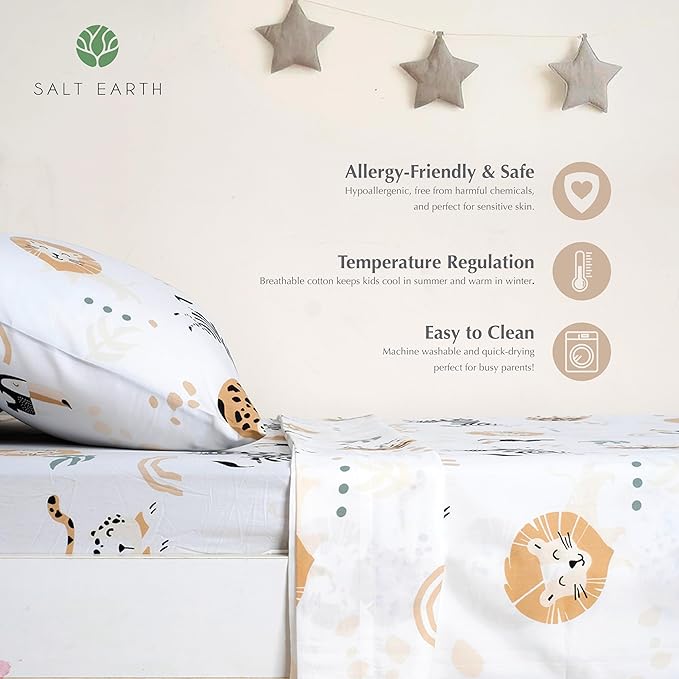 Salt Earth 100% Cotton 210TC Kids Bedsheet, Twin Sheet Set, Toddler Bed, 4-Piece Set – 2 Fitted Sheets & 2 Pillowcases, Themed Toddler Bed Sheets, Cute Kids Bedding (Jungle Safari/Tractor)