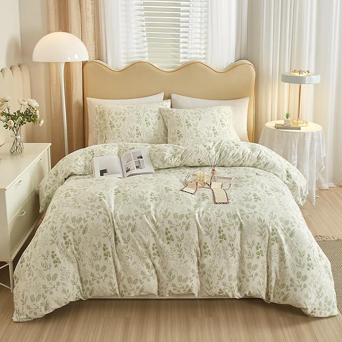 HighBuy 3 Pieces Duvet Cover Queen White Duvet Cover with Green Floral Print,Coquette Soft Cotton Comforter Cover Boho Style,Aesthetic Queen Bedding Set with Zipper Closure 4 Ties,All Season