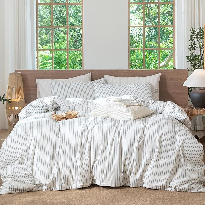 MooMee Striped Duvet Cover Set 100% Washed Cotton Linen Like Textured Breathable Durable Soft Comfy (White Heathered Green Wide Stripes, Cal King 104"x98")