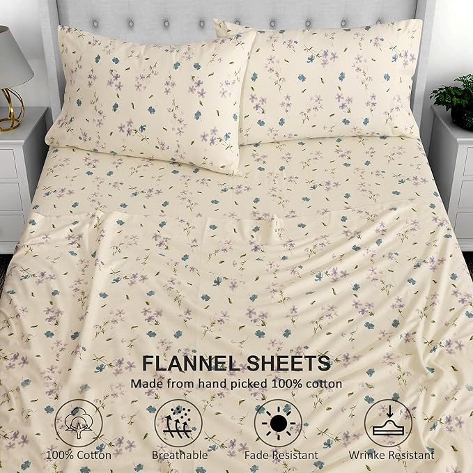 RUVANTI Flannel Sheets Twin Size - 100% Cotton Double Brushed Twin Sheets Set, Deep Pockets 16 Inches, All Seasons Breathable & Extra Soft Bed Sheets, Warm & Cozy, 3 Piece, Jasmine Stamp Cream