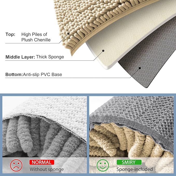 Smiry Luxury Chenille Bathroom Rugs 59x24, Extra Soft and Absorbent Shaggy Bath Mat, Machine Washable, Non-Slip Plush Carpet Runner for Tub, Shower, and Floor, Home Decor Accessories, Beige