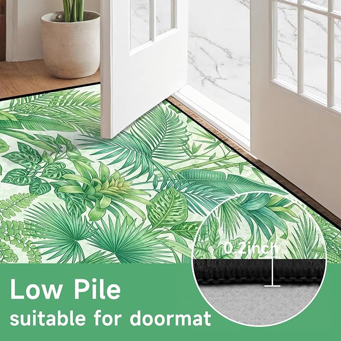 Tropical Leaves Area Rug 2'x3' Green Botanical Palm Fern Leaf Rug Non Slip Washable Indoor Floor Mat for Entryway Bedroom Living Room Nursery Kitchen Playroom Home Decor